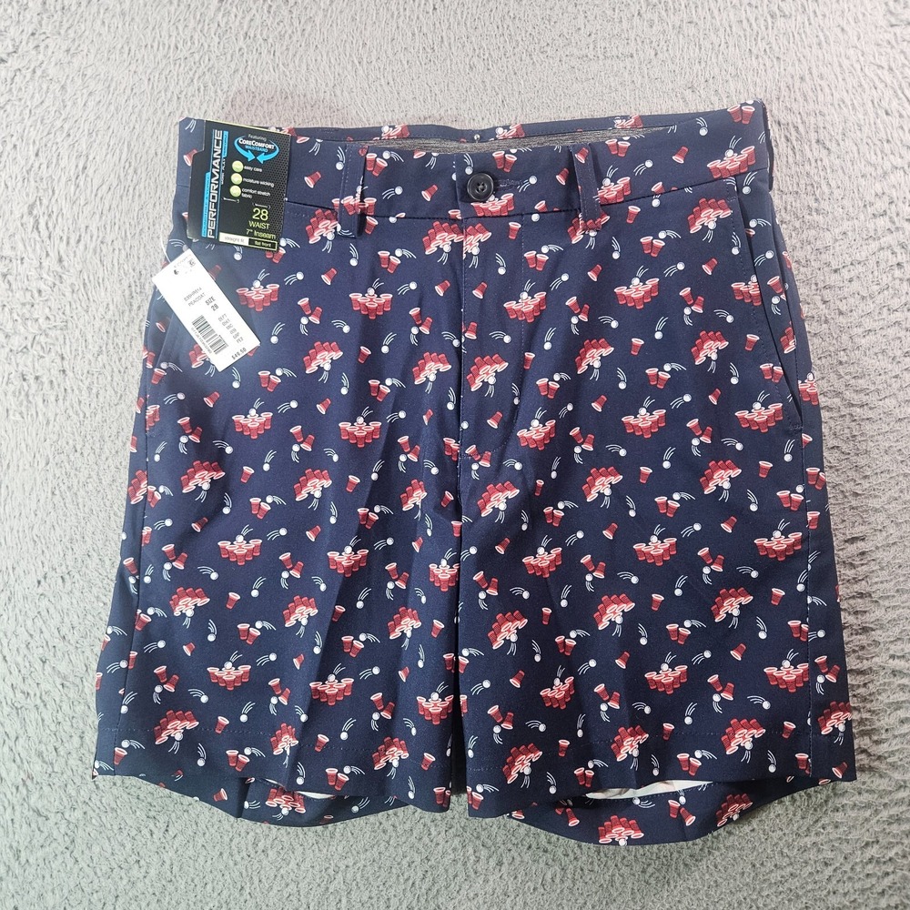 NWT Roundtree & Yorke Performance Shorts Mens 28 x 7" Game Print Navy Blue